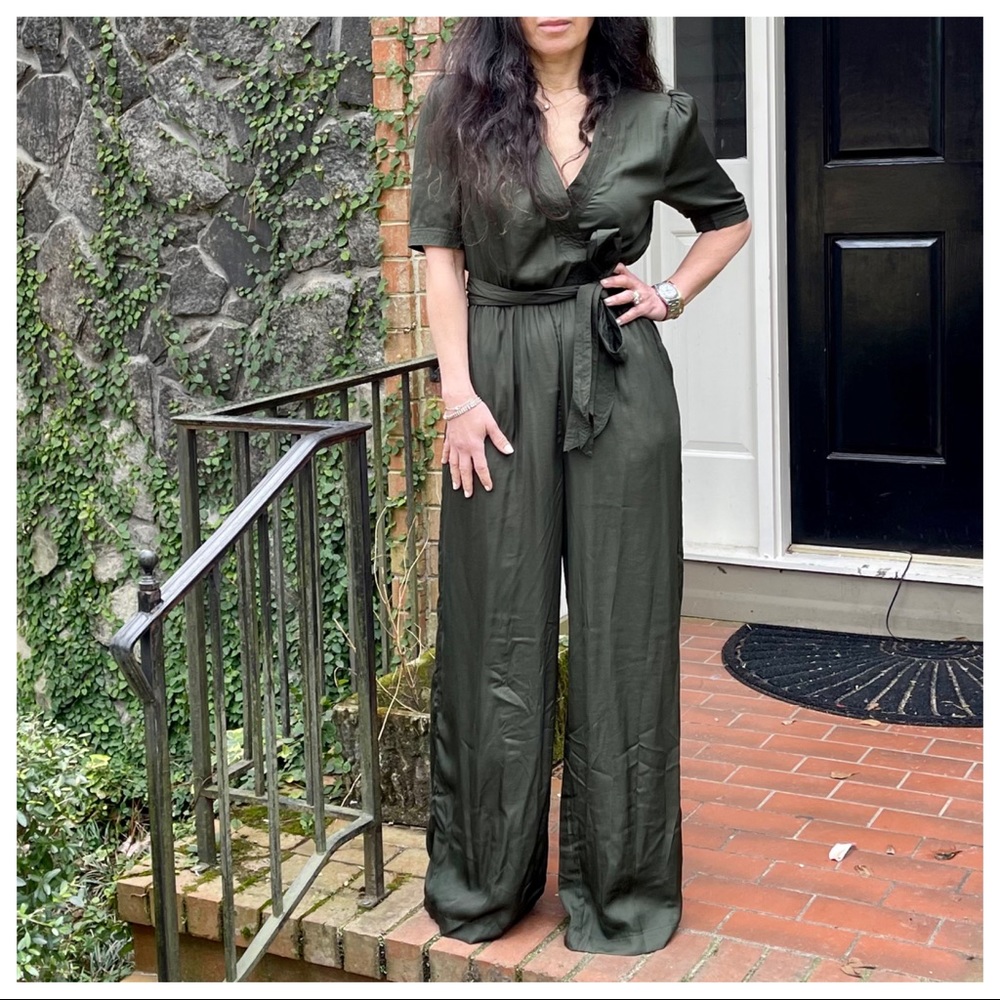 #05 Fabulous Dark Olive wrap front wide leg jumpsuit - Picture 5 of 7